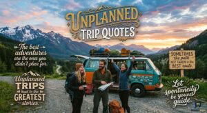 Three friends with a camper van in the mountains. The title reads 'Unplanned Trip Quotes' with inspirational text on the screen.