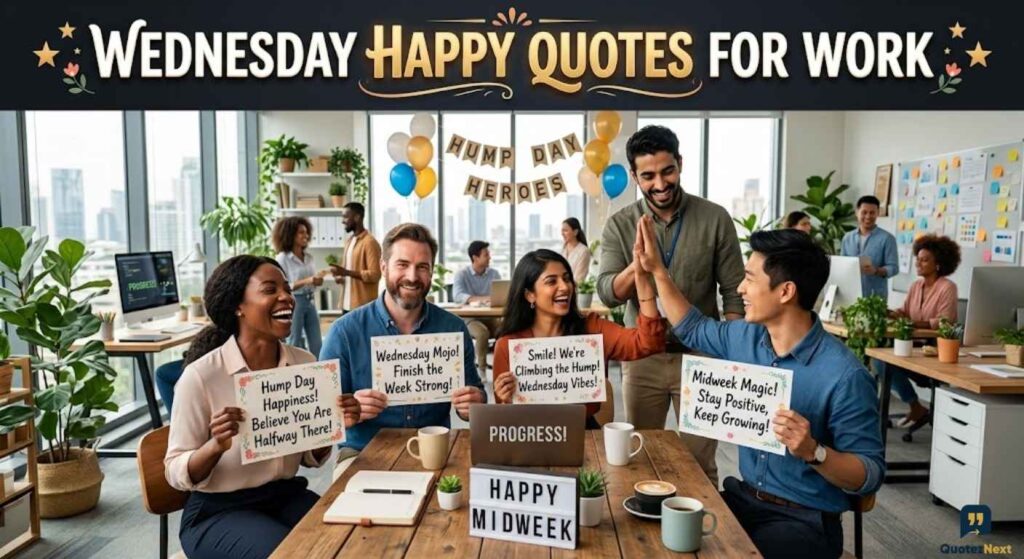 Smiling diverse co-workers hold signs with Wednesday Happy Quotes for Work, celebrating Hump Day heroes.