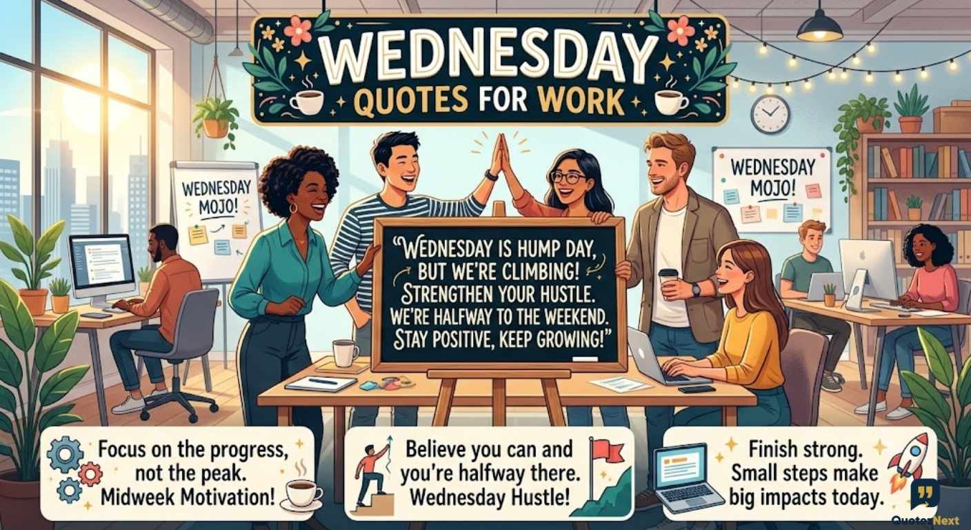 A cheerful illustration of coworkers high-fiving by a sign with Wednesday quotes for work.