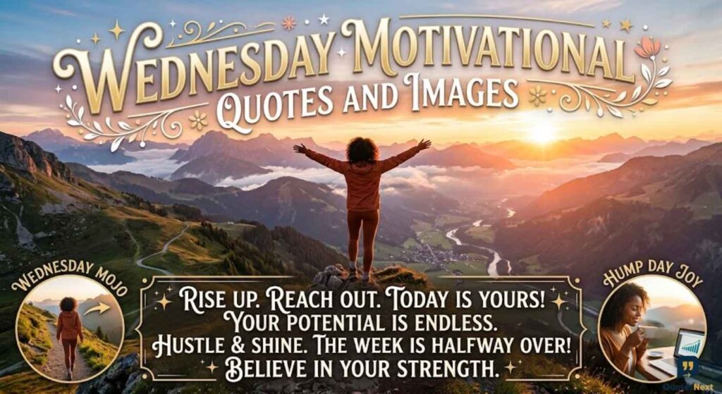 A hiker stands on a peak at sunrise with Wednesday Motivational Quotes and Images encouraging strength and success.