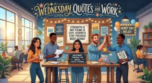 Coworkers high-five in an office surrounded by bright Wednesday Quotes for Work posters to boost workplace motivation always.