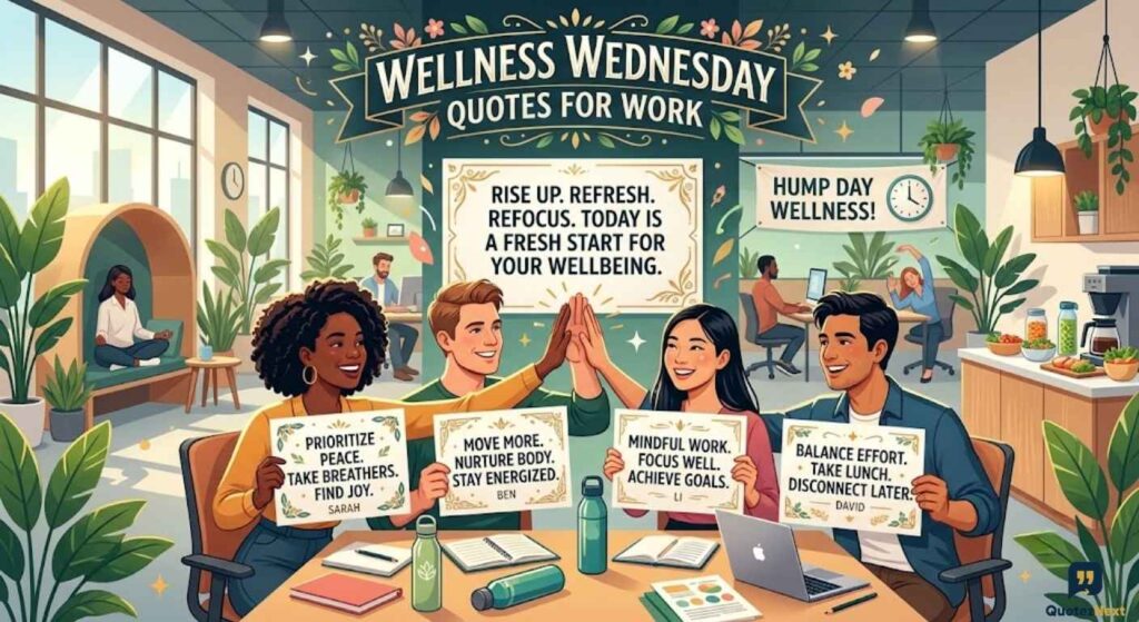 A vibrant office scene with diverse coworkers holding signs featuring Wellness Wednesday Quotes for Work and high-fiving.