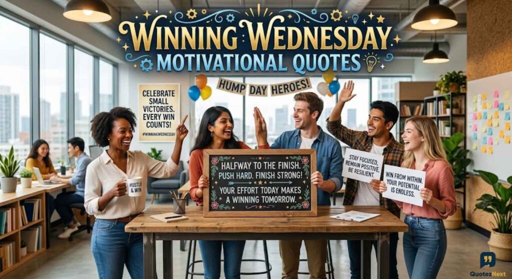 Co-workers celebrate Winning Wednesday Motivational Quotes like PUSH HARD and WIN FROM WITHIN in a bright office.