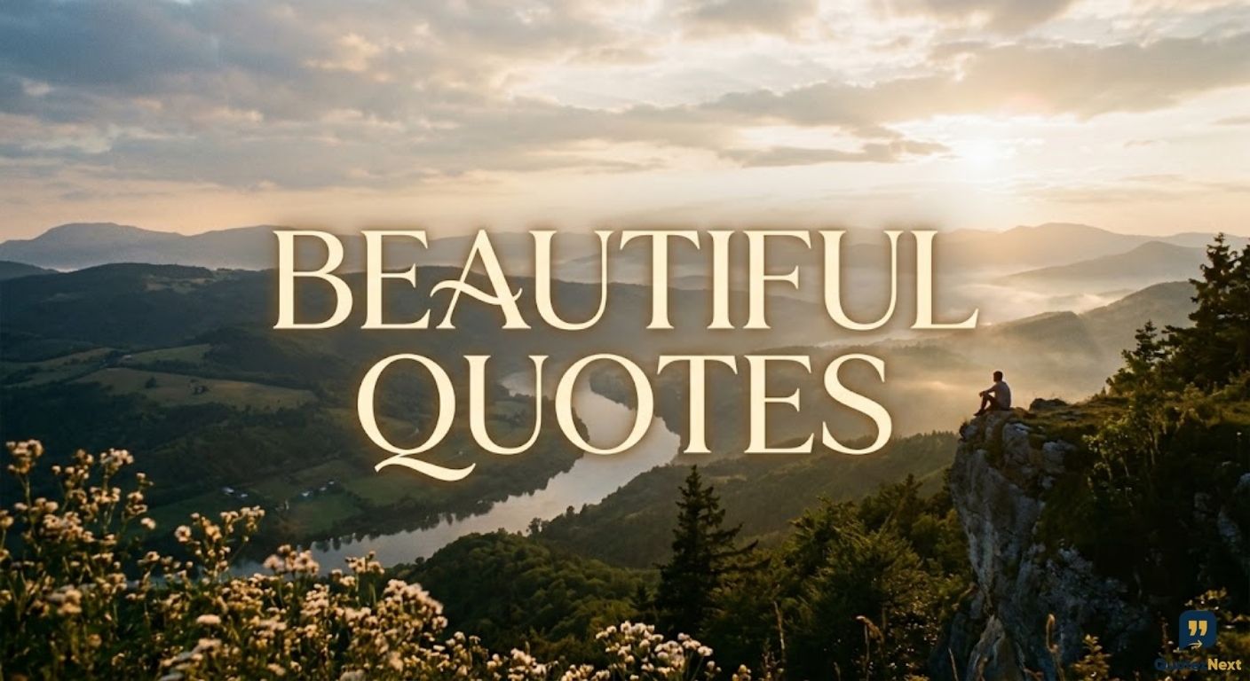 A serene mountain vista with a lone person sitting on a cliff, featuring the bold title text "BEAUTIFUL QUOTES".