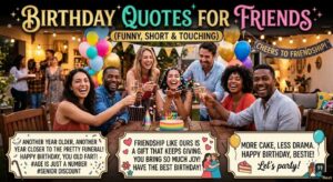 Friends celebrate at a party with a cake and balloons, featuring funny and touching Birthday Quotes for Friends.