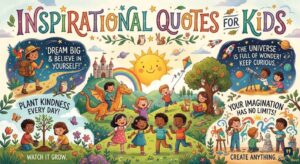A colorful illustration of children playing and learning, surrounded by uplifting inspirational quotes for kids.