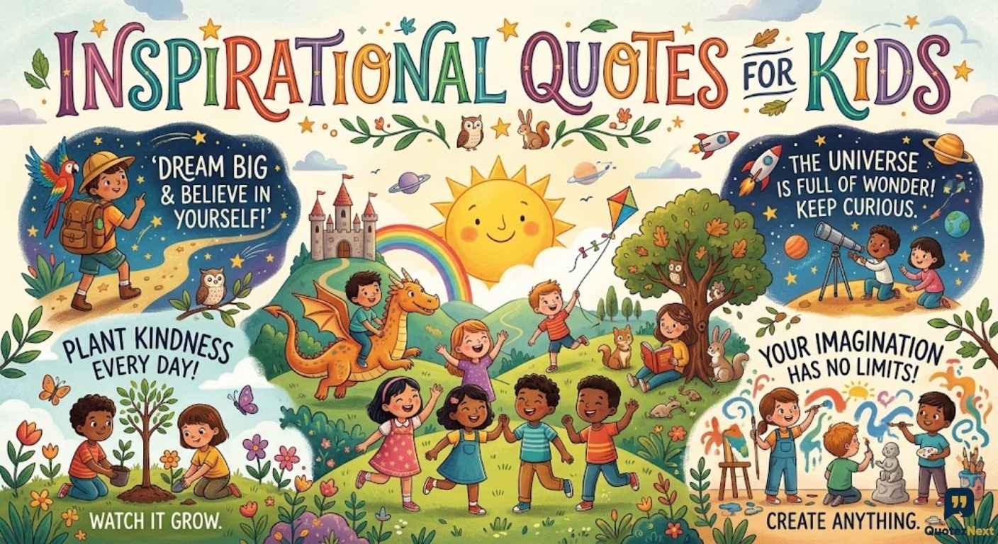 A colorful illustration of children playing and learning, surrounded by uplifting inspirational quotes for kids.