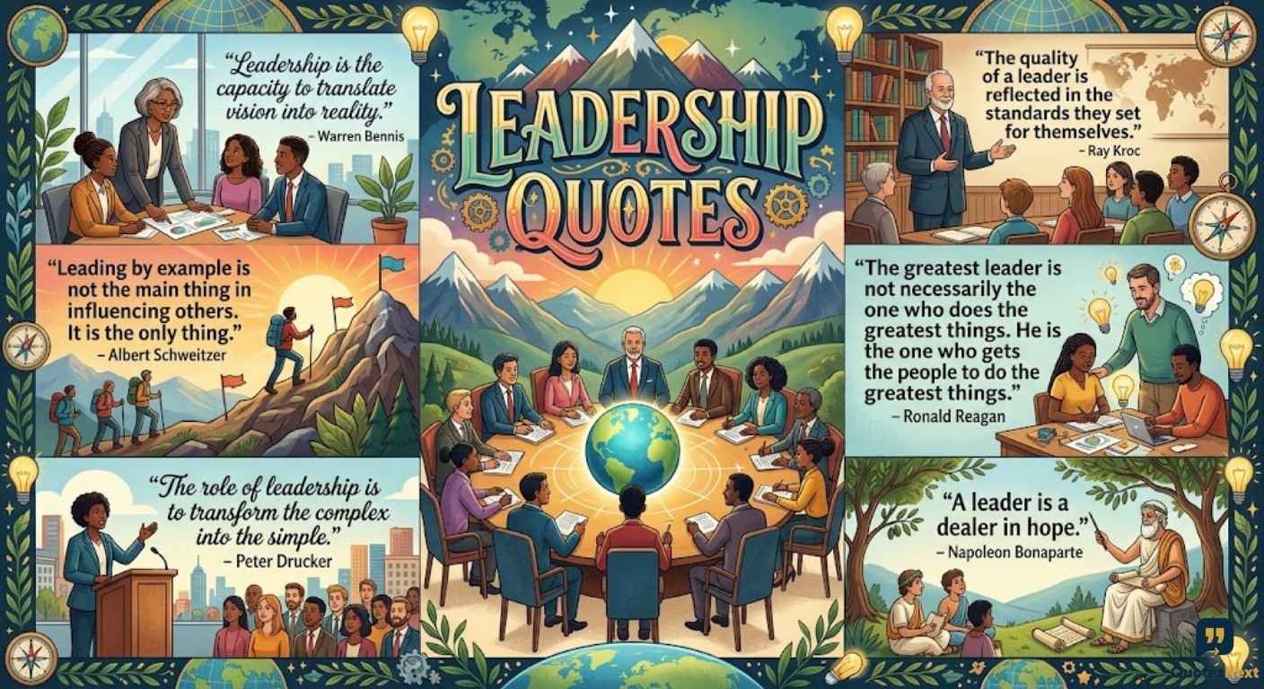 A vibrant, segmented illustration featuring a global business team, historical figures, and inspiring Leadership Quotes.