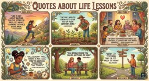 An illustrative collage of six framed panels depicting various life scenarios, with text for Quotes About Life Lessons in each.