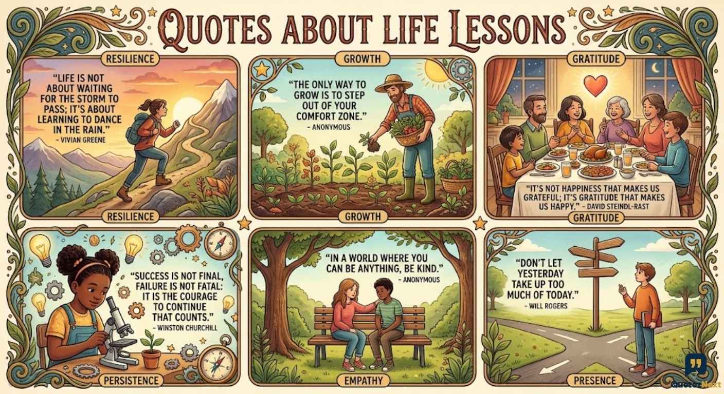 An illustrative collage of six framed panels depicting various life scenarios, with text for Quotes About Life Lessons in each.
