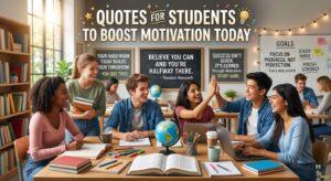 Students collaborate happily in a library with text reading "Quotes for Students to Boost Motivation Today" and inspirational posters.