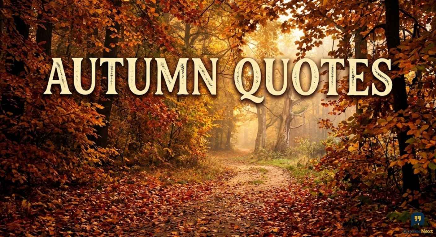 A dirt path through a vibrant autumn forest with red and orange leaves and the text "AUTUMN QUOTES".