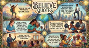A detailed collage illustration shows diverse people succeeding and helping, paired with inspiring Believe Quotes and verses.