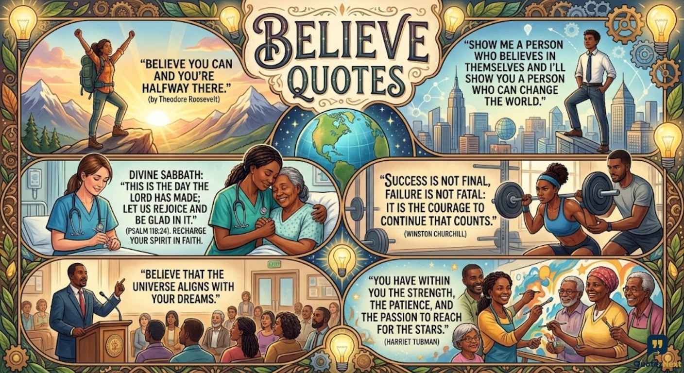 A detailed collage illustration shows diverse people succeeding and helping, paired with inspiring Believe Quotes and verses.