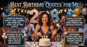 A woman celebrates her 28th birthday with friends and cake, surrounded by signs featuring Best Birthday Quotes for Me.