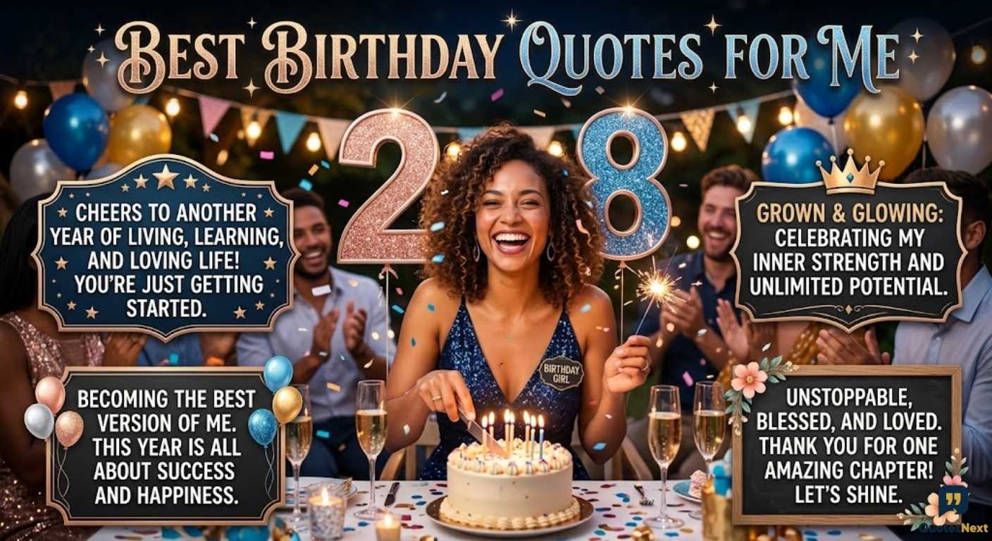 A woman celebrates her 28th birthday with friends and cake, surrounded by signs featuring Best Birthday Quotes for Me.