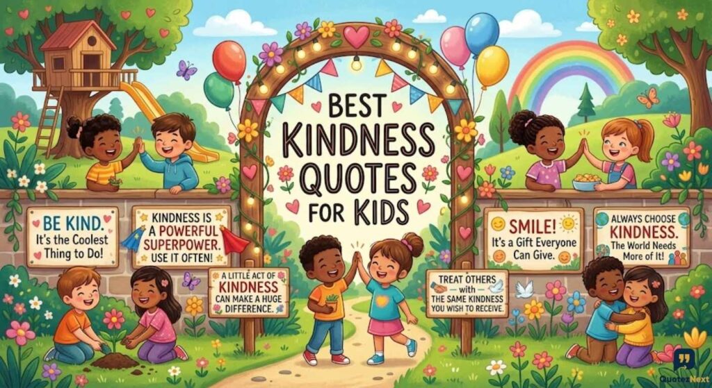 Diverse children playing together, hugging, and planting flowers in a garden filled with posters featuring Best Kindness Quotes for Kids.