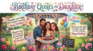 A family celebrates in a flower garden with balloons, cake, and banners reading Birthday Quotes for Daughter.