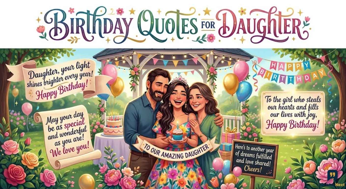 A family celebrates in a flower garden with balloons, cake, and banners reading Birthday Quotes for Daughter.