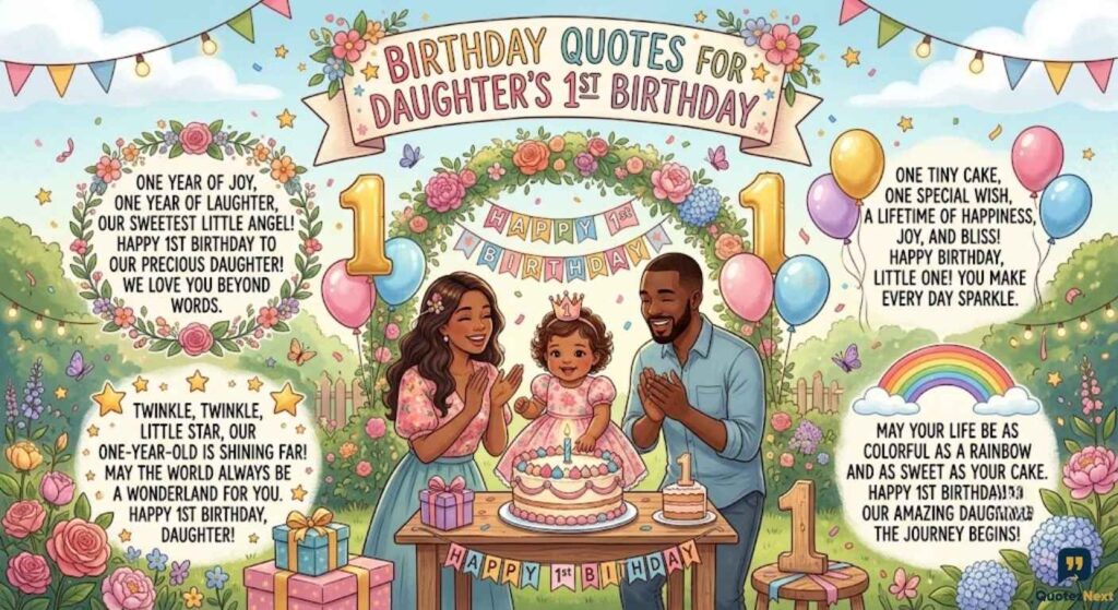 A family celebrates with cake and balloons, surrounded by inspiring Birthday Quotes for Daughter's 1st Birthday.