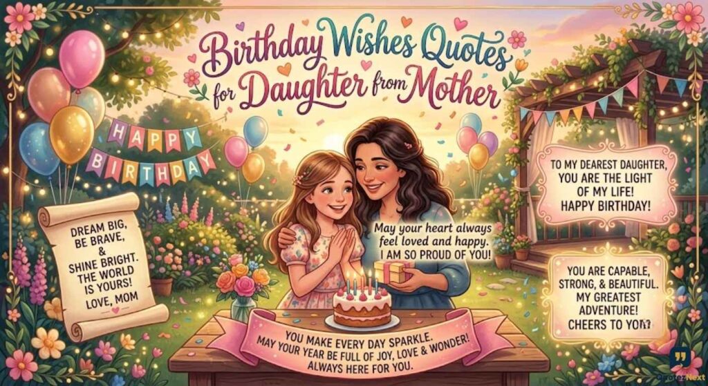 A mother and daughter embrace in a garden with quotes: "Birthday Wishes Quotes for Daughter from Mother," balloons, and a cake.