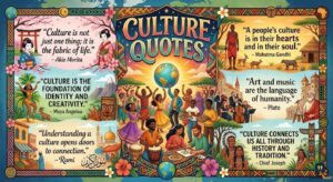 A vibrant, multicultural illustration featuring a world map, diverse cultural scenes, and inspirational Culture Quotes.