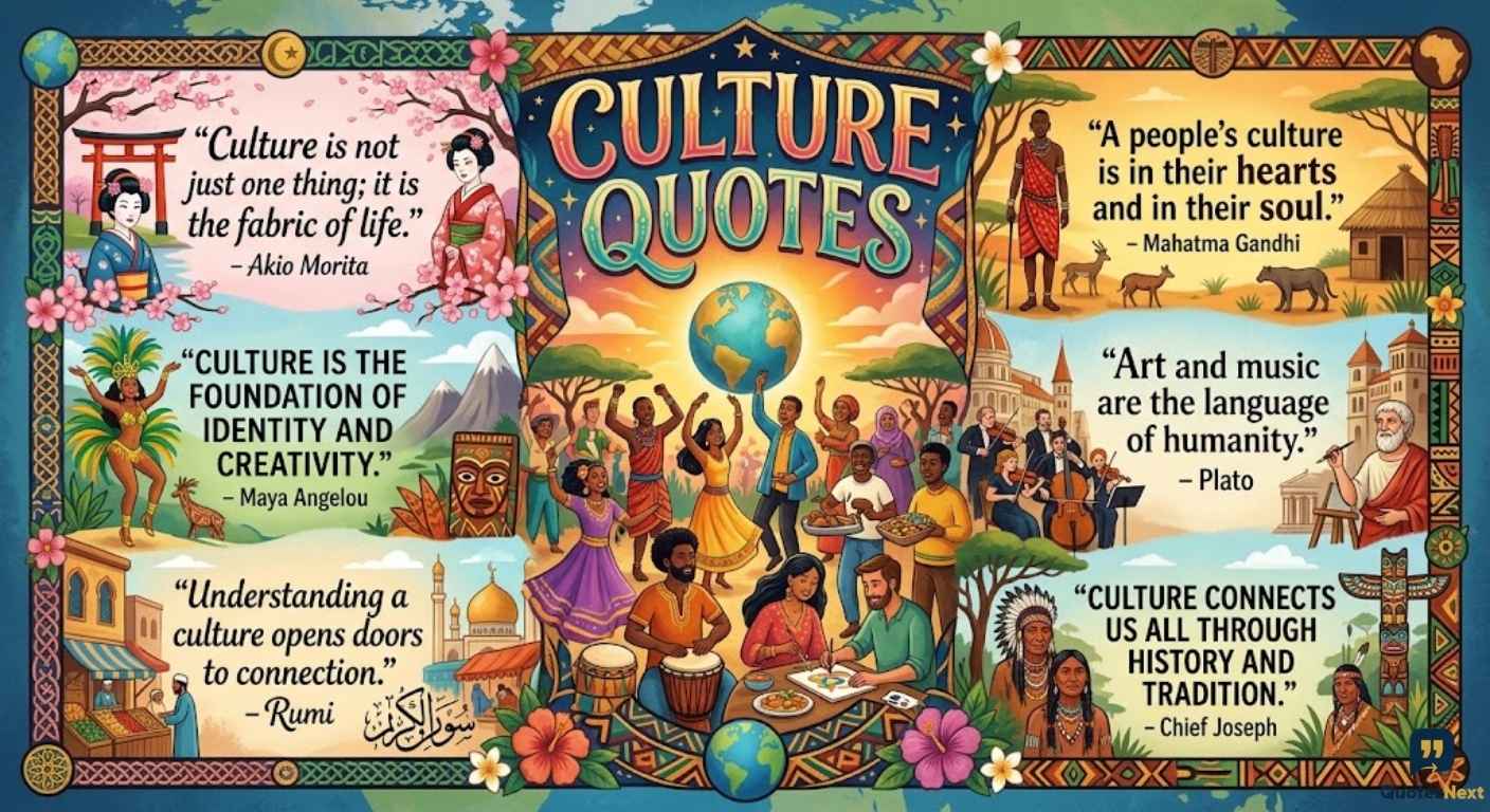A vibrant, multicultural illustration featuring a world map, diverse cultural scenes, and inspirational Culture Quotes.