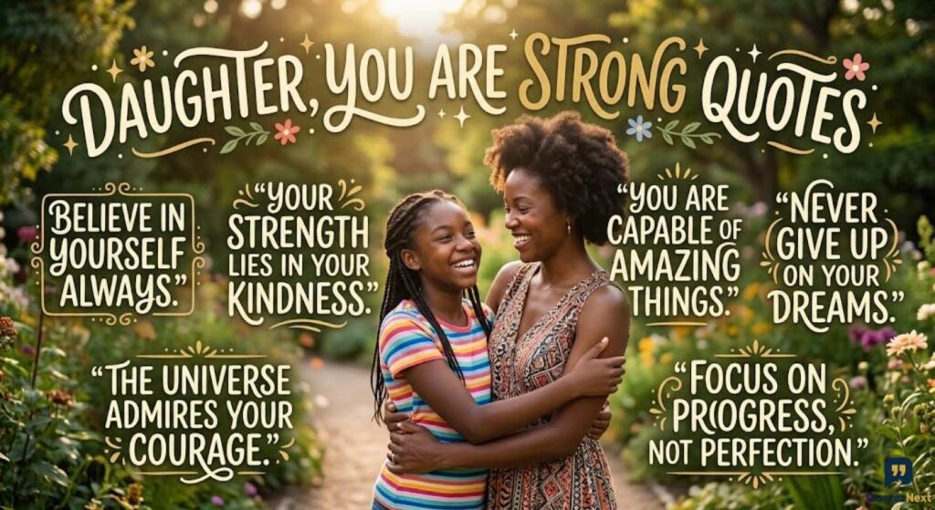 A loving mother hugging her daughter outdoors in a garden, featuring uplifting Daughter You Are Strong Quotes text.