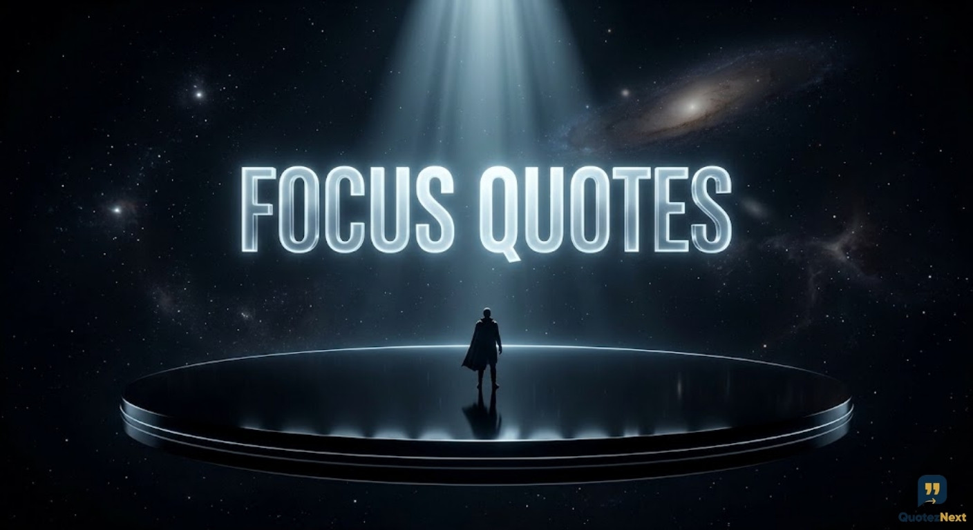 A person stands on a glowing platform in space under a spotlight showing "Focus Quotes" title.