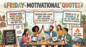 Six diverse coworkers celebrate and high-five in a vibrant, decorated office, with many inspiring Friday Motivational Quotes on the walls.