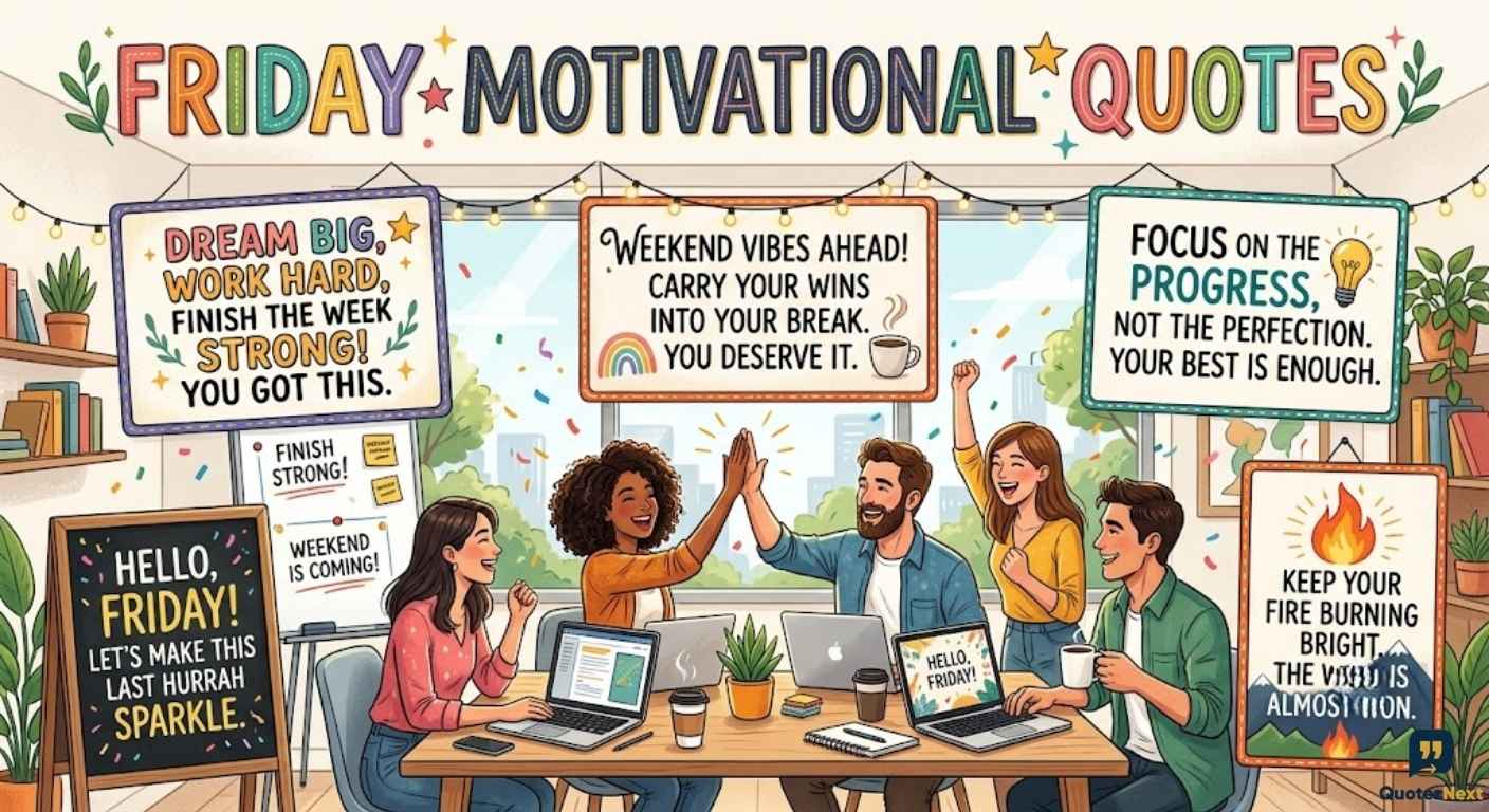 Six diverse coworkers celebrate and high-five in a vibrant, decorated office, with many inspiring Friday Motivational Quotes on the walls.