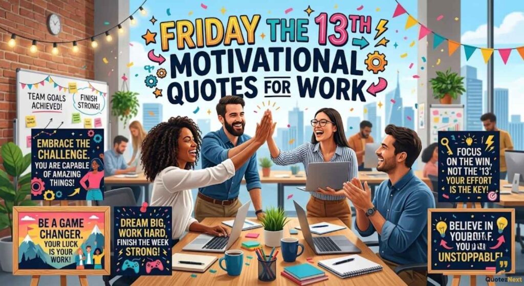 Diverse office workers high-five under bold text and signs reading Friday the 13th Motivational Quotes for Work. (