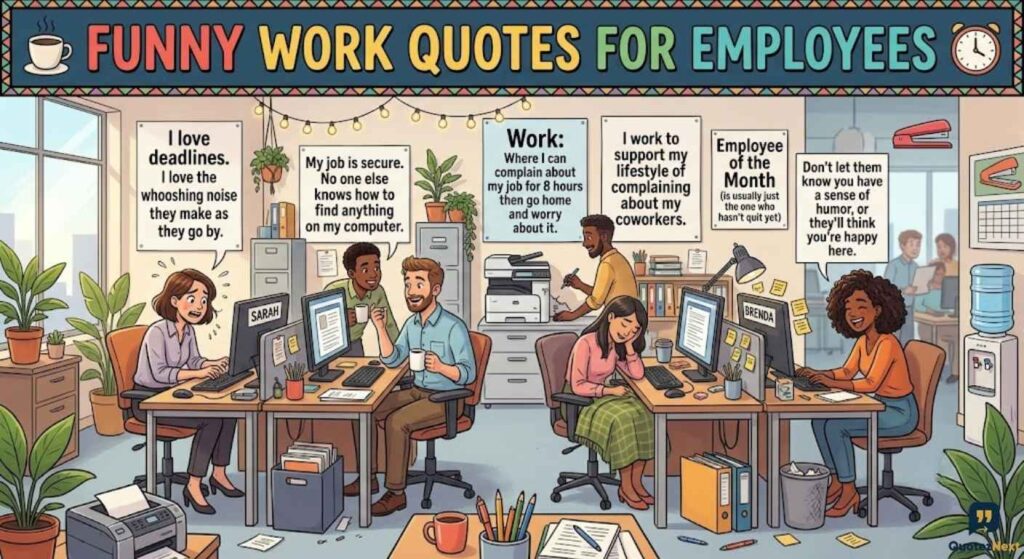 An illustrated office with diverse staff working, featuring humorous posters and the title 'Funny Work Quotes for Employees'.