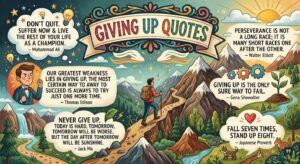 A vibrant illustration of a hiker in mountains, with uplifting text bubbles displaying motivational Giving Up Quotes.
