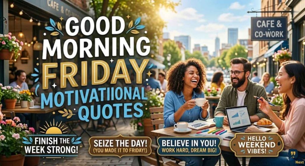 People enjoy coffee at an outdoor cafe beside bold text reading Good Morning Friday Motivational Quotes in bright morning light.
