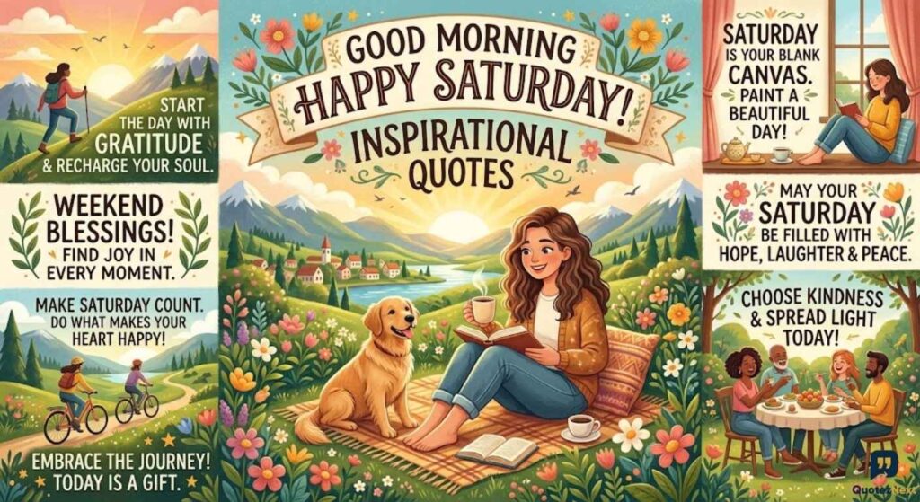A vibrant collage illustration of people enjoying the weekend, surrounded by uplifting Good Morning Happy Saturday Inspirational Quotes.