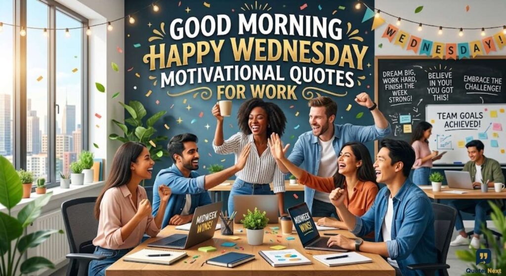 A cheerful office team high-fiving with wall text reading Good Morning Happy Wednesday Motivational Quotes For Work.