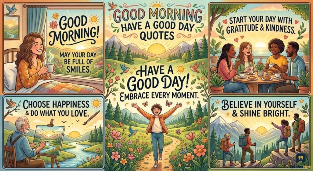 A vibrant illustration collage featuring diverse people enjoying a bright morning, surrounded by uplifting Good Morning Have a Good Day Quotes and inspirational messages.