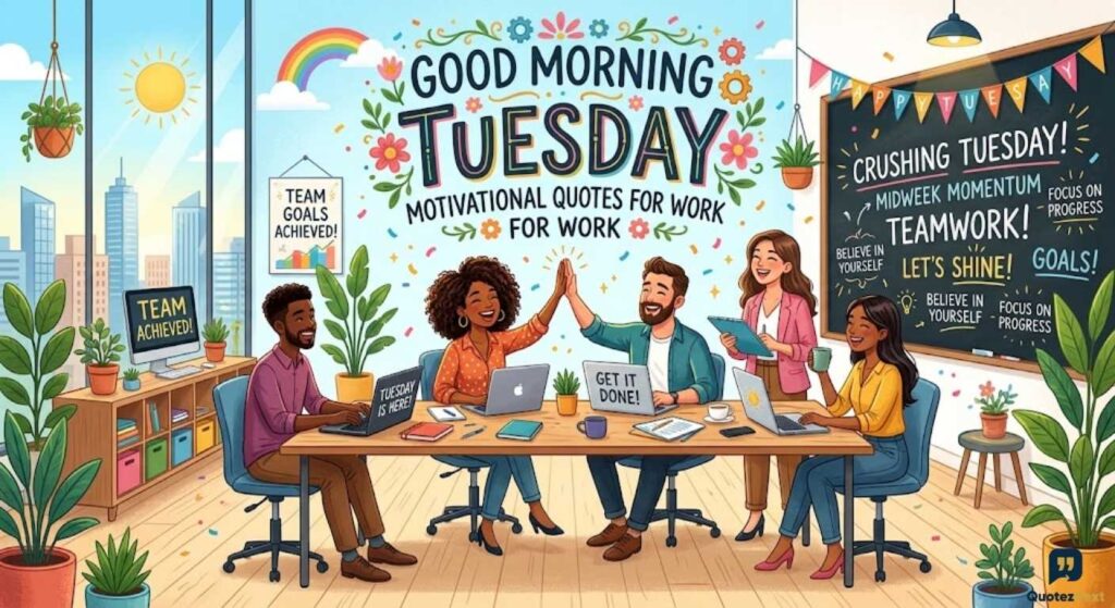 Happy office team high-fives under a sign reading Good Morning Tuesday Motivational Quotes For Work in a vibrant illustration.