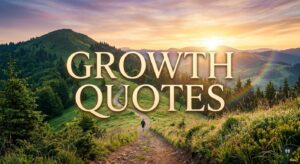 A person hikes on a winding mountain trail toward a sunrise with "Growth Quotes" title text overlaid in large font.