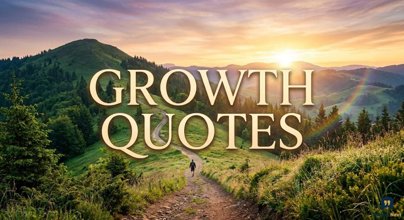 A person hikes on a winding mountain trail toward a sunrise with "Growth Quotes" title text overlaid in large font.