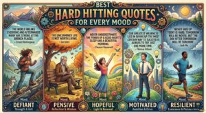 An ornate illustration featuring five diverse characters, each representing a mood and displaying Hard Hitting Quotes.