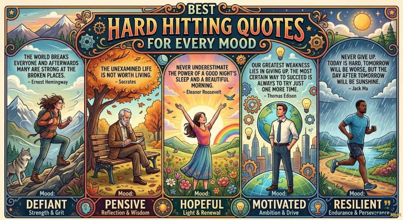 An ornate illustration featuring five diverse characters, each representing a mood and displaying Hard Hitting Quotes.