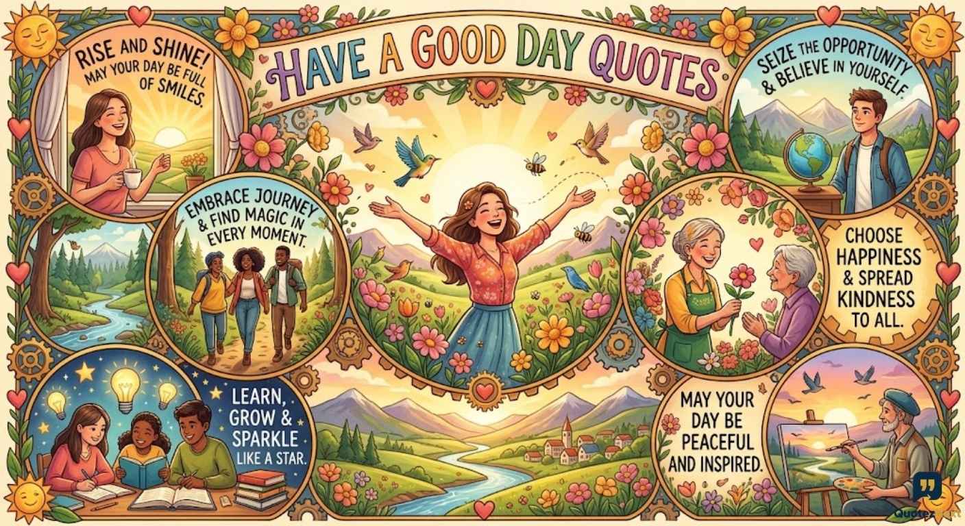 A cheerful, detailed illustration collage featuring diverse people enjoying daily life, surrounded by Have a Good Day Quotes.