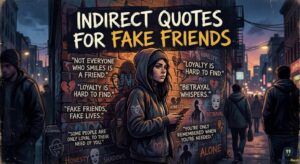 A woman stands alone on a city street at night. A banner above her says, "Indirect Quotes for Fake Friends."