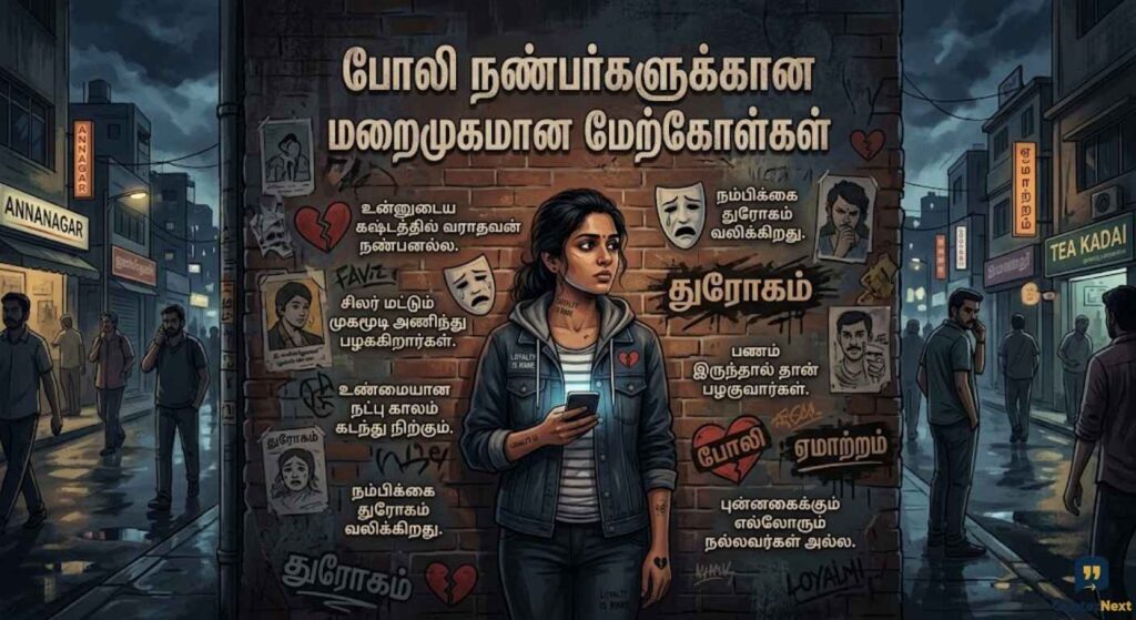 An illustrated woman stands alone on a city street at night. A banner above her says, Indirect Quotes for Fake Friends in Tamil.