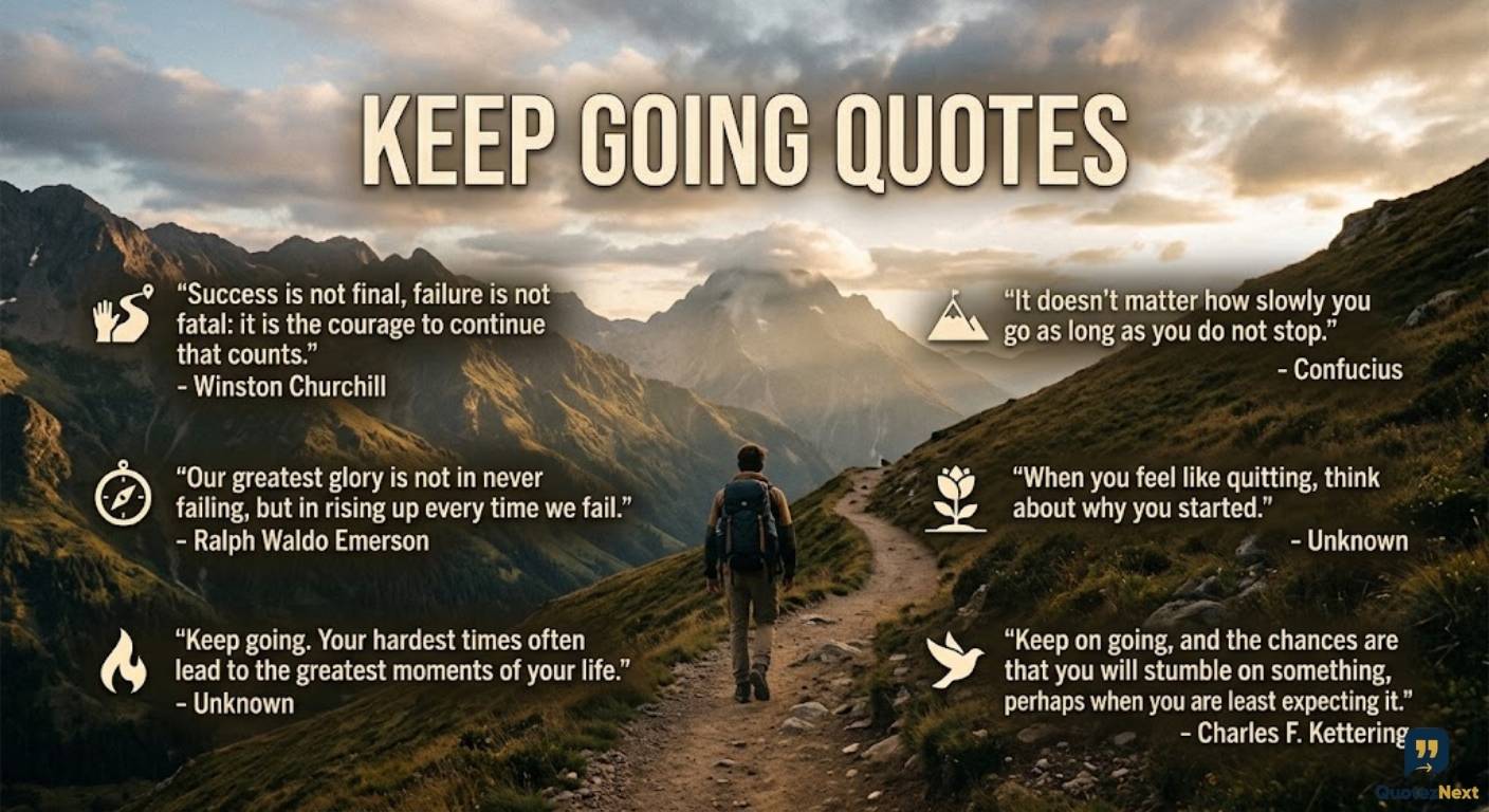 A lone hiker walks on a mountain trail with the title 'Keep Going Quotes' and motivational sayings.