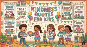 Diverse happy children and a decorated wall full of inspirational posters illustrate Kindness Quotes for Kids.