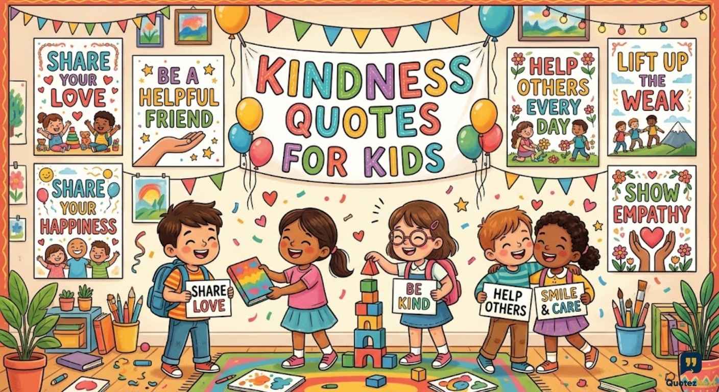 Diverse happy children and a decorated wall full of inspirational posters illustrate Kindness Quotes for Kids.