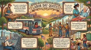 A detailed illustrated collage of diverse workers and American scenes, featuring a main banner with Labor Day Quotes.